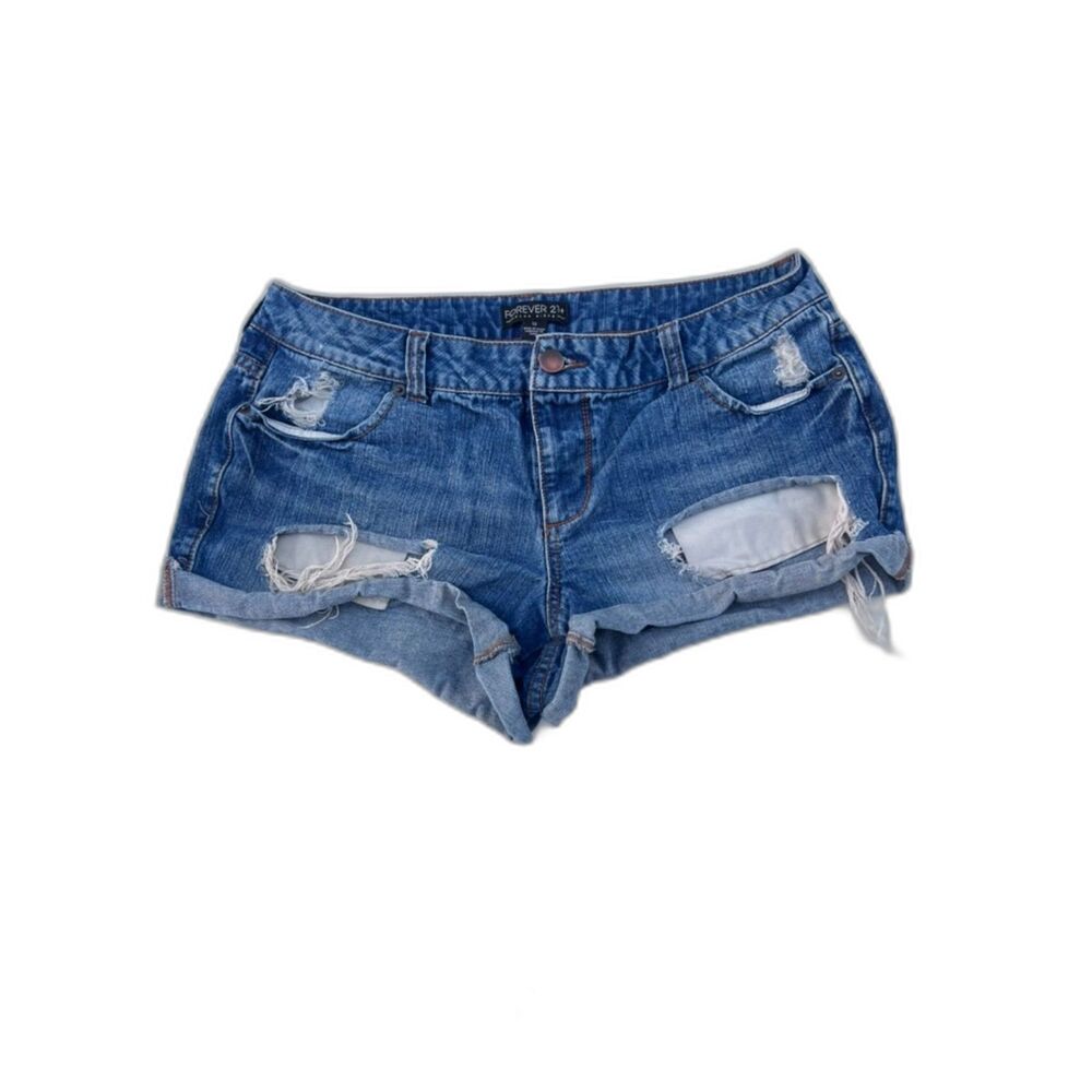 FOREVER 21+ WOMENS CUTOFF SHORTS SIZE 12 ROLLED CUFF DENIM‎ BLUE DISTRESSED